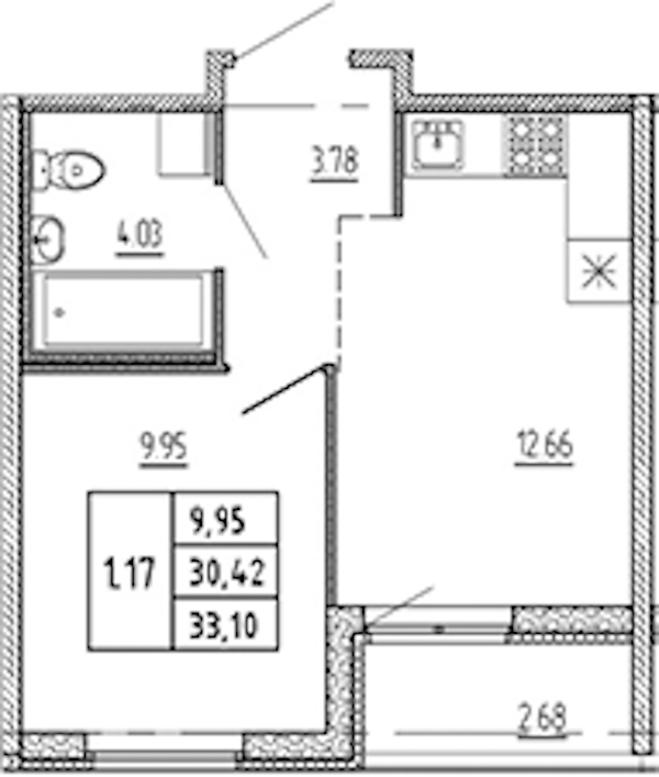 1-комнатная квартира 30.42 м², 5/22 эт., ЖК «Новые горизонты 2»